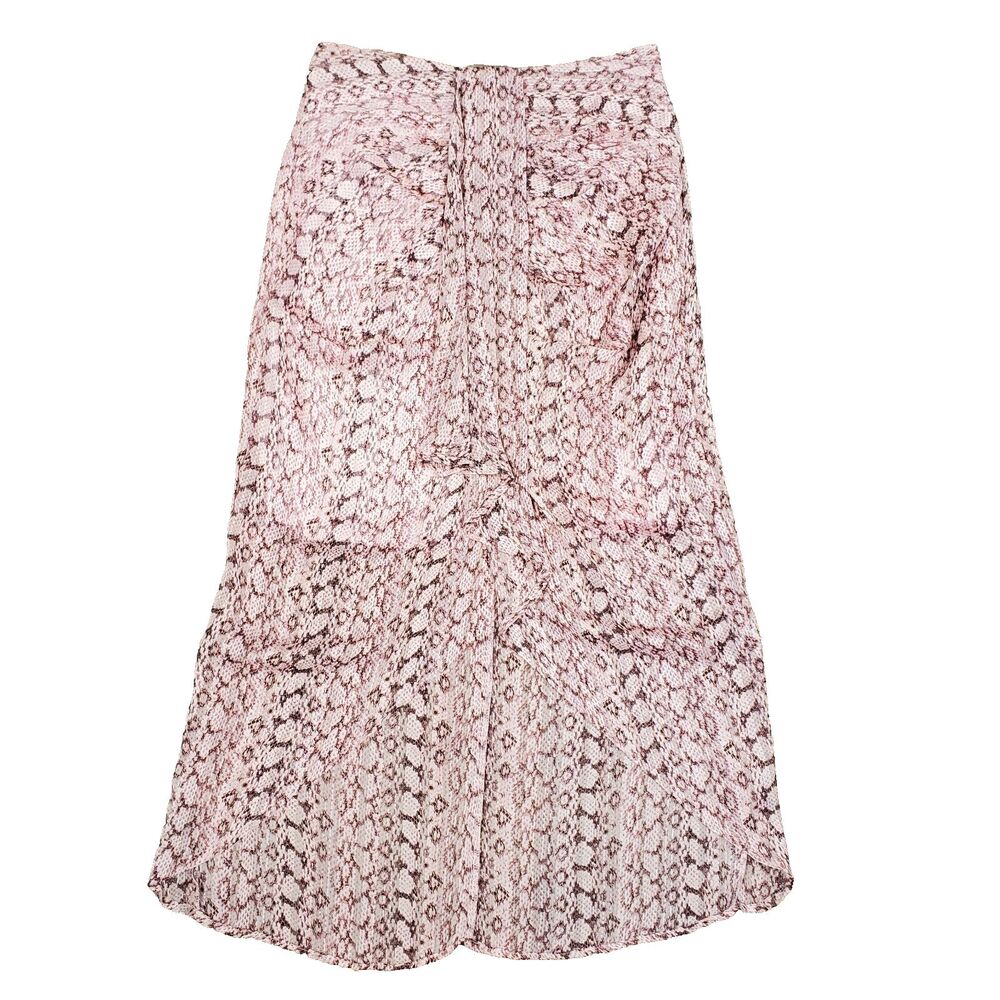 Lulus Pink Animal Print Ruched Midi Skirt Sz M Snakeskin Metallic Hi low Ruffle